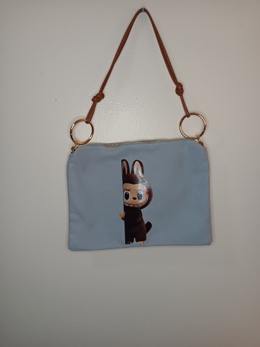 Light Blue Cute Character Shoulder Bag with Brown Strap